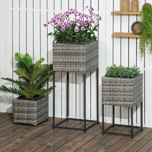 Jardinière En Rotin Avec Support Trou De Drainage Plastique Gris