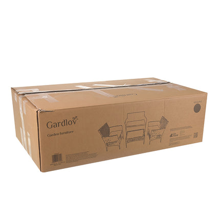 Ensemble de mobilier de jardin en rotin, gris foncé, comprenant un canapé, deux chaises et une table.