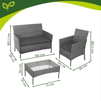 Ensemble de mobilier de jardin en rotin, gris foncé, comprenant un canapé, deux chaises et une table.