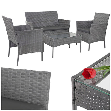 Ensemble de mobilier de jardin en rotin, gris foncé, comprenant un canapé, deux chaises et une table.
