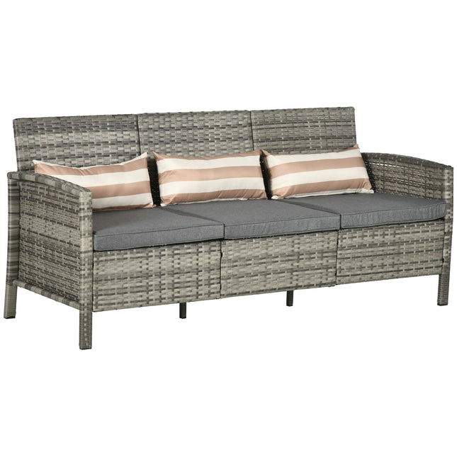 Canapé De Jardin En Rotin Trois Places Avec Coussins, Acier, Gris, 173 X 68 X 78 Cm
