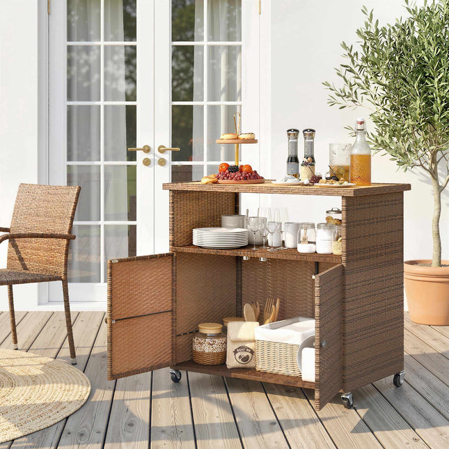 Chariot de cuisine en rotin avec plateau en eucalyptus et roulettes