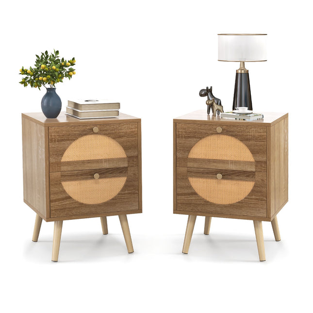 Rattan-Nachttisch-Set, 2 Schubladen, Natur, 2-teilig