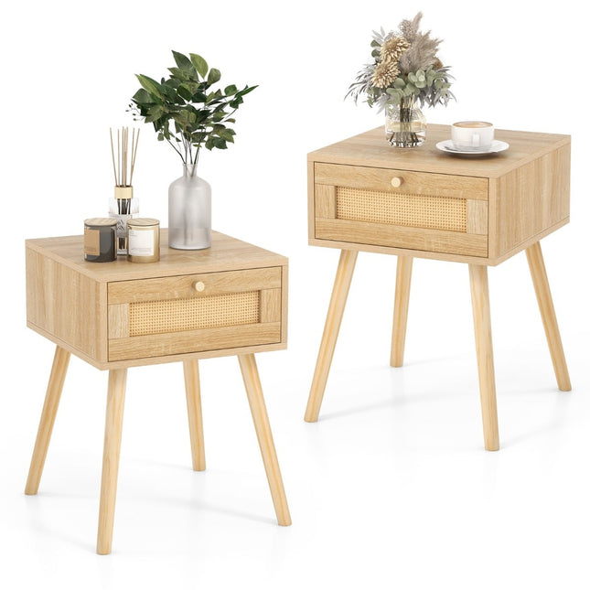 Rattan-Nachttisch-Set mit Schublade, Boho-Stil, 2 Stück