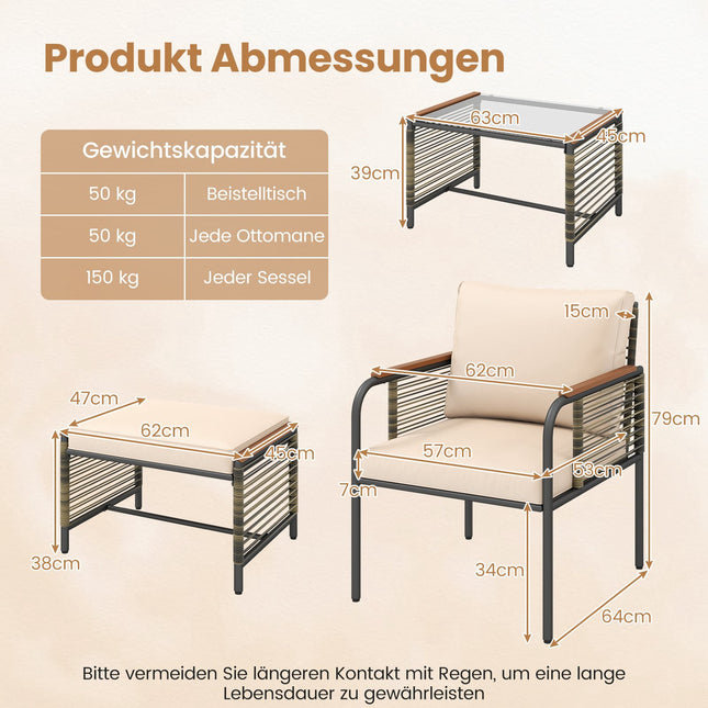 5-teiliges Rattan-Gartenmöbel-Set mit Kissen