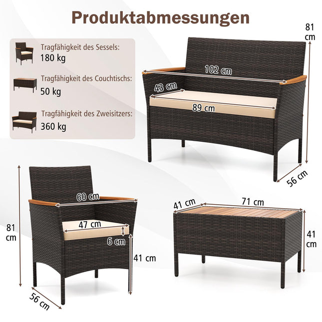 Ensemble de mobilier de jardin en rotin comprenant chaises, banc, table et coussins
