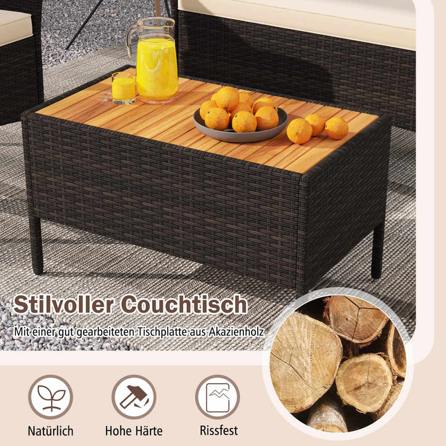 Ensemble de mobilier de jardin en rotin comprenant chaises, banc, table et coussins