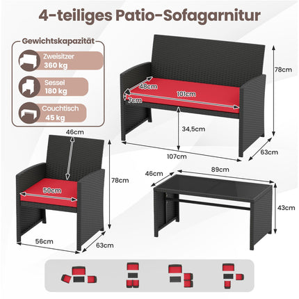 Ensemble de mobilier de jardin en rotin avec coussins - Rouge