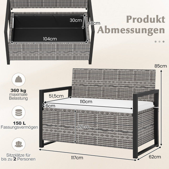 Banc de rangement d'extérieur en rotin avec coussin, capacité de charge de 360 kg