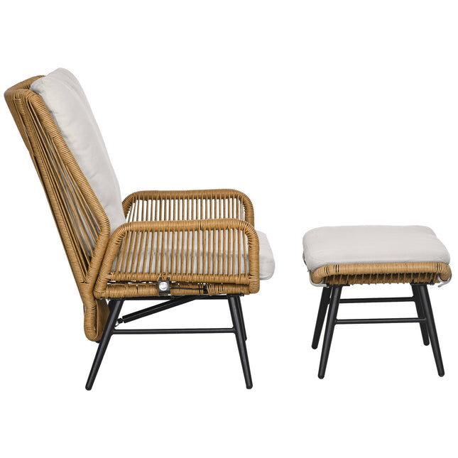 Chaise De Détente En Rotin Avec Repose-Pieds, Chaise De Jardin Avec Dossier Réglable, Coussin De Chaise D'Extérieur En Rotin, Acier Naturel, Polyester