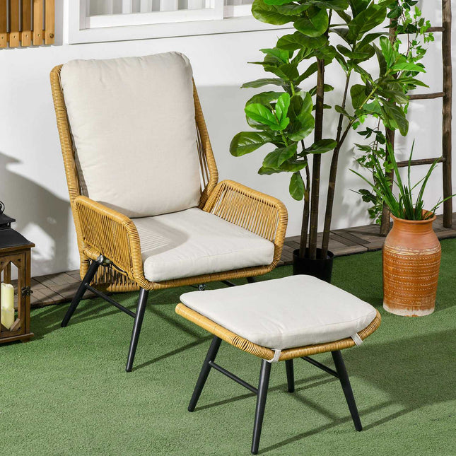Chaise De Détente En Rotin Avec Repose-Pieds, Chaise De Jardin Avec Dossier Réglable, Coussin De Chaise D'Extérieur En Rotin, Acier Naturel, Polyester
