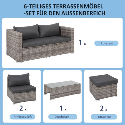 Gartenmöbel aus Rattan, 6-teilig, Metallrahmen, grau