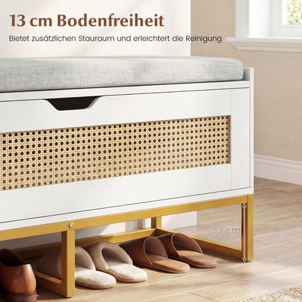 Banc à chaussures en rotin avec assise rembourrée, capacité de 200 kg, blanc