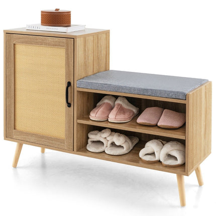 Rattan Schuhschrank mit Sitzbank, 2-in-1 Schuhwechselbank mit 3 verstellbaren Ablagen, 105 x 35 x 76 cm, Natur