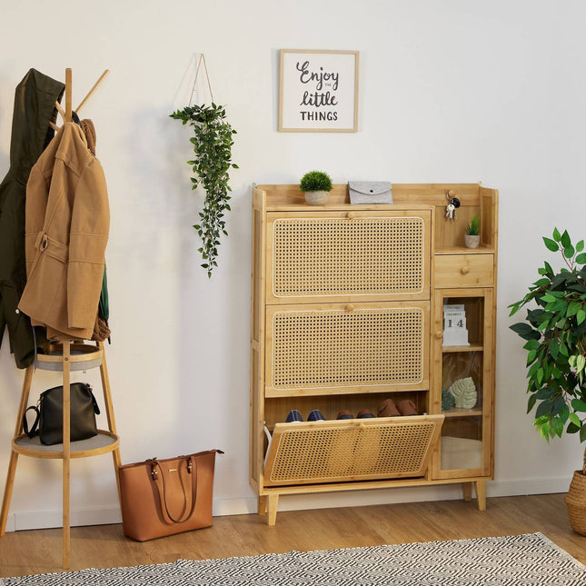 Meuble à chaussures en rotin avec rangement, design peu encombrant