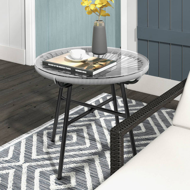 Runder Rattan-Couchtisch - Glasplatte, 50x50x50cm, schwarz/grau