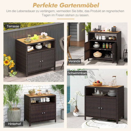 Rattan-Aufbewahrungsschrank mit Akazienholz-Arbeitsplatte und offenem Fach, braun