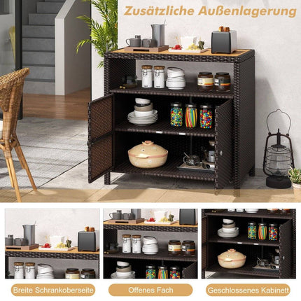 Rattan-Aufbewahrungsschrank mit Akazienholz-Arbeitsplatte und offenem Fach, braun