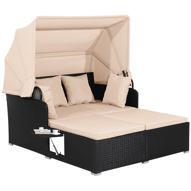 Rattan-Sonnenliege für 2 Personen mit Überdachung und Kissen