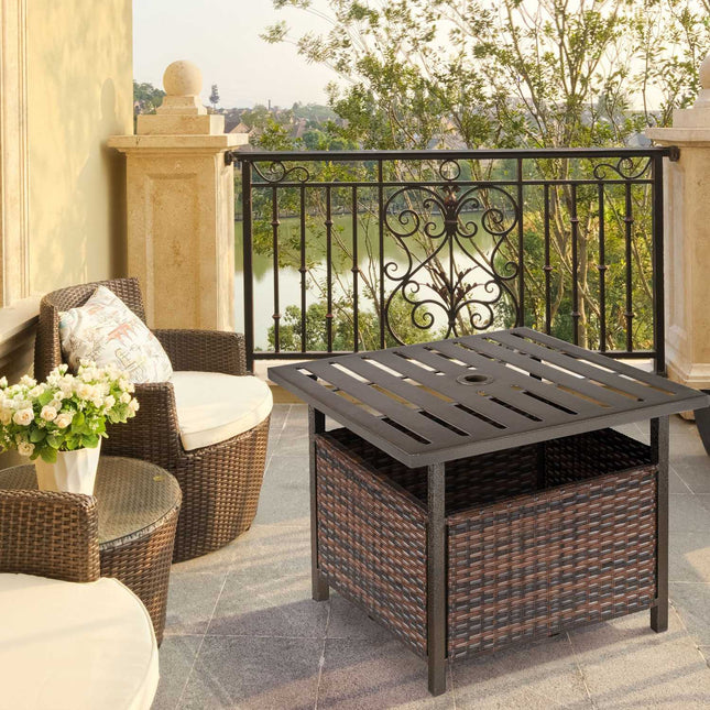 Table De Jardin En Rotin, Table De Terrasse, Table Basse Avec Trou Pour Parasol, Parfaite Pour Jardin, Balcon, Terrasse, 55,5 X 55,5 X 46 Cm, Marron