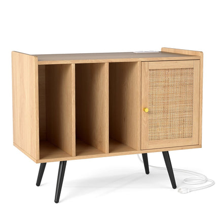 Support de platine vinyle en rotin avec station de charge, pouvant contenir 220 vinyles
