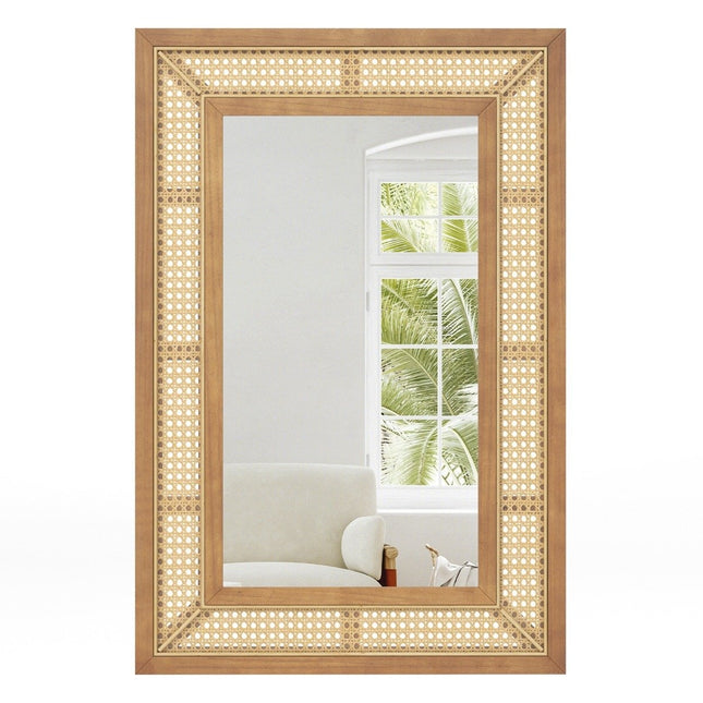Rattan-Wandspiegel mit Holzrahmen, 90x60 cm, zum Aufhängen