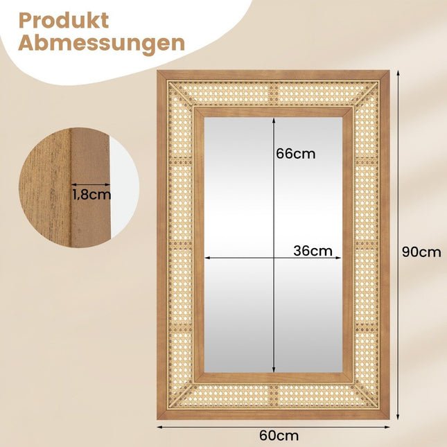 Rattan-Wandspiegel mit Holzrahmen, 90x60 cm, zum Aufhängen