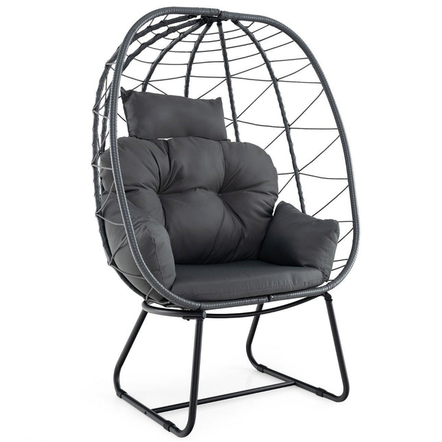 Rattan-Korbstuhl mit abnehmbarem Kissen und Metallrahmen, übergroßer Loungesessel, Grau