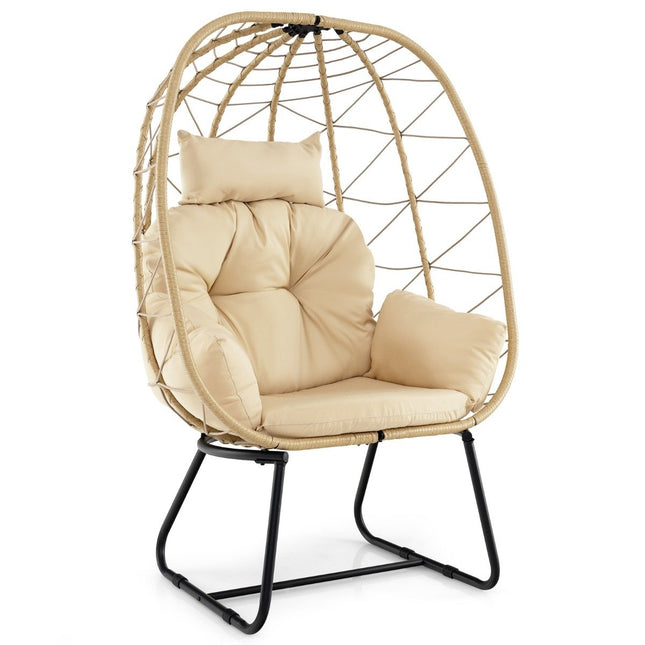 Rattan-Korbstuhl mit abnehmbarem Kissen und Metallrahmen, übergroßer Loungesessel, beige