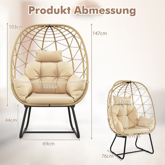 Rattan-Korbstuhl mit abnehmbarem Kissen und Metallrahmen, übergroßer Loungesessel, beige
