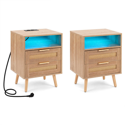Nachttisch aus Rattanholz mit LED, 2 Schubladen, USB-Anschlüssen