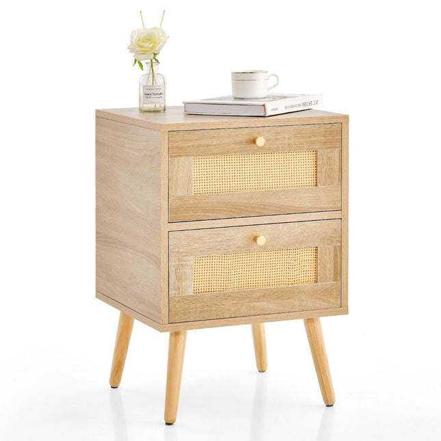 Table de chevet en rotin de style bohème avec 2 tiroirs et pieds en bois massif Table de chevet moderne