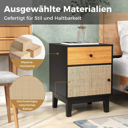 Rattan Nachttisch mit Schublade &amp; Schrank Nachttisch Beistelltisch Sofatisch im Boho Style