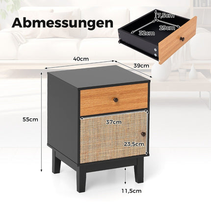 Rattan Nachttisch mit Schublade &amp; Schrank Nachttisch Beistelltisch Sofatisch im Boho Style