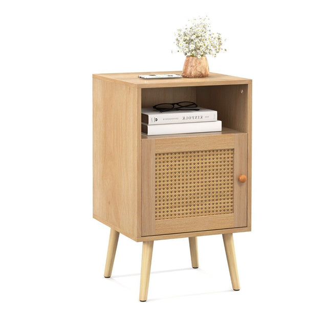 Rattan bedside table with storage space, open shelf and door, farmhouse style side table, natural