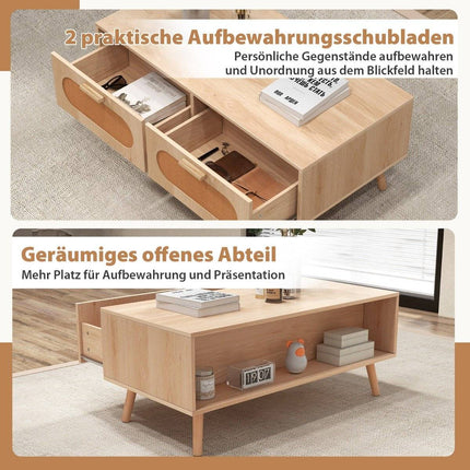 Rattan Couchtisch mit 2 Schubladen, 100 x 50 x 41 cm, natur