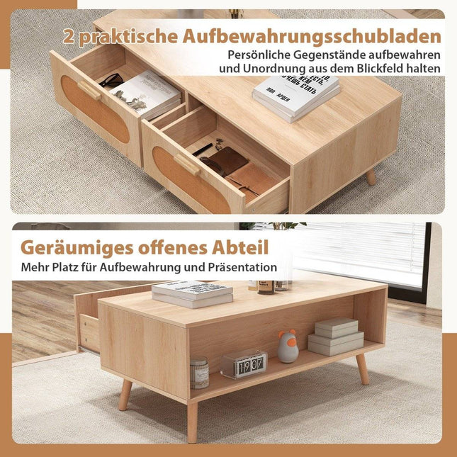 Rattan Couchtisch mit 2 Schubladen, 100 x 50 x 41 cm, natur