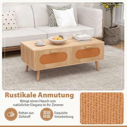Rattan Couchtisch mit 2 Schubladen, 100 x 50 x 41 cm, natur
