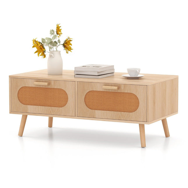 Rattan Couchtisch mit 2 Schubladen, 100 x 50 x 41 cm, natur