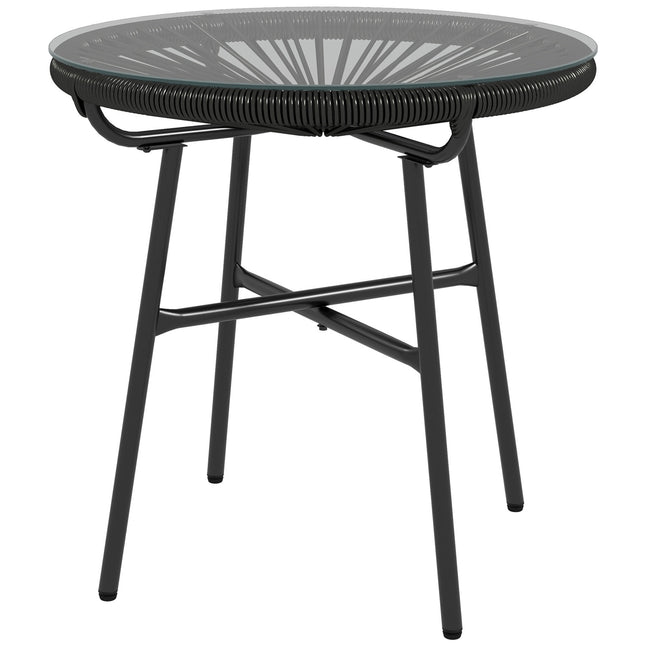 Runder Rattan-Couchtisch, Glasplatte, Schwarz, 50x50x50cm