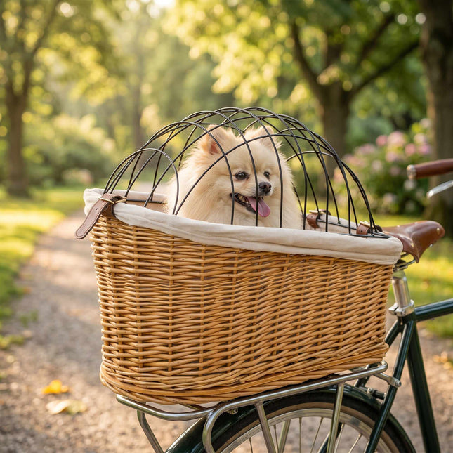 Fahrradkorb hinten für Hunde und Katzen, Weide mit Deckel und Kissen