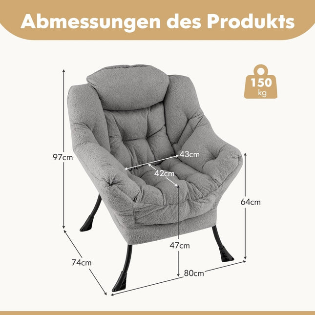 Relaxliegesessel mit Armlehnen, Seitentasche, Fußstütze - Grau