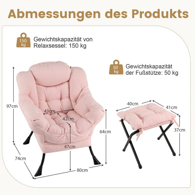 Fauteuil inclinable avec accoudoirs, poche latérale et pouf - Rose