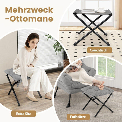 Liegesessel mit Ottoman, Armlehnen, Seitentasche – Grau