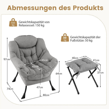 Liegesessel mit Ottoman, Armlehnen, Seitentasche – Grau