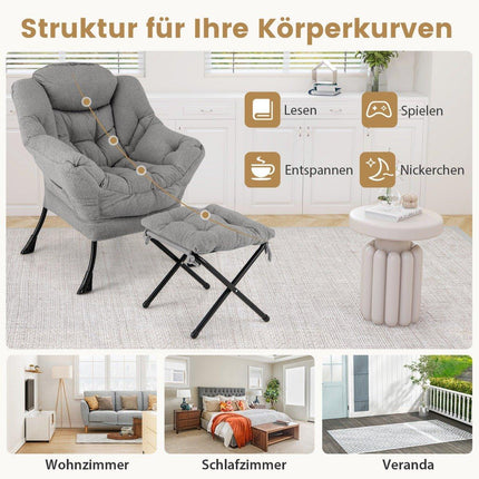 Liegesessel mit Ottoman, Armlehnen, Seitentasche – Grau