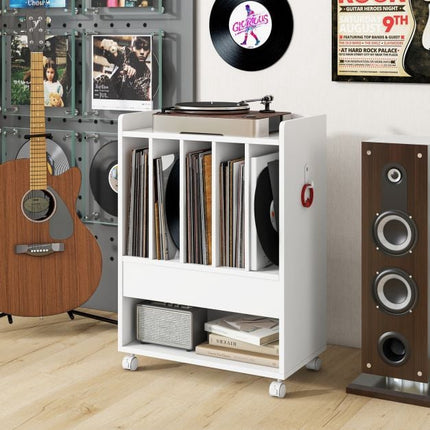 Record Player Stand With Drawer, 4 Dividers, Locking Wheels