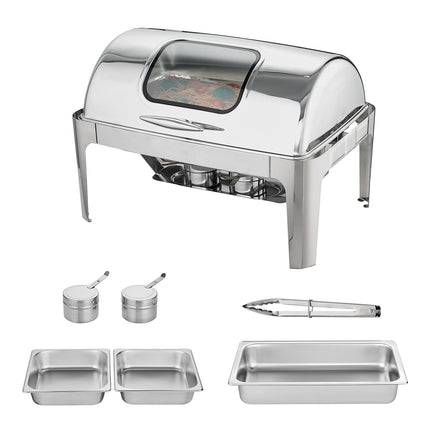 Rectangle Roll Top Chafing Dish, 9 Qt, Glass Lid, Fuel Holder