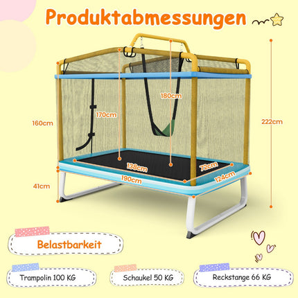 Trampoline enfant rectangulaire 3 en 1 190 x 124 cm Trampoline de loisirs avec filet bleu + jaune