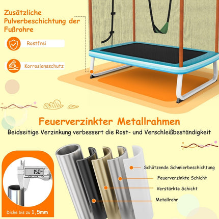 Rechteckiges 3-in-1 Trampolin für Kinder 190 x 124 cm großes Freizeittrampolin mit Netz Blau + Orange